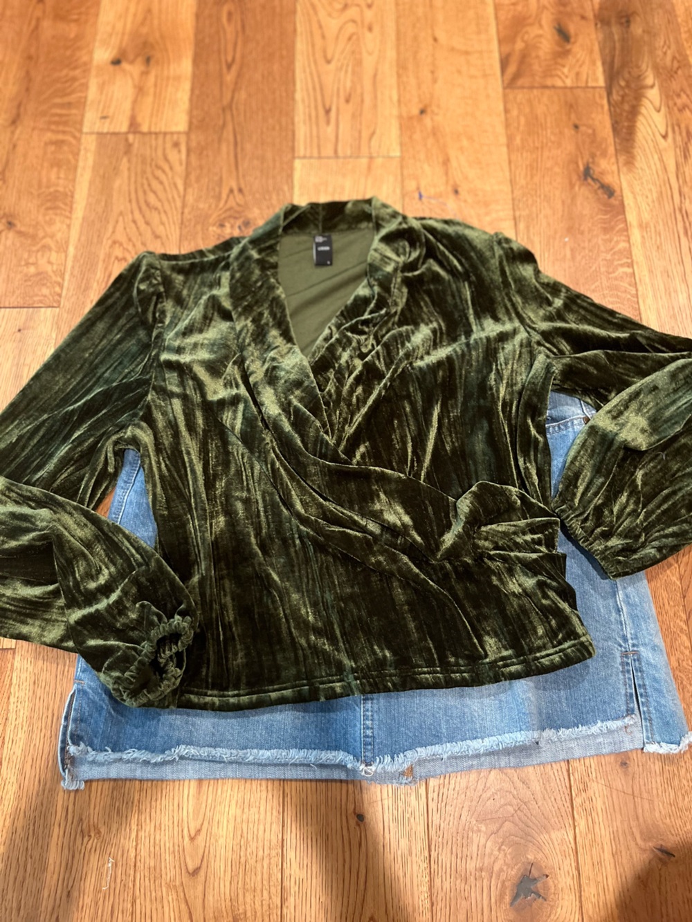 Cider Olive Green Crushed Velour Wrap Blouse L